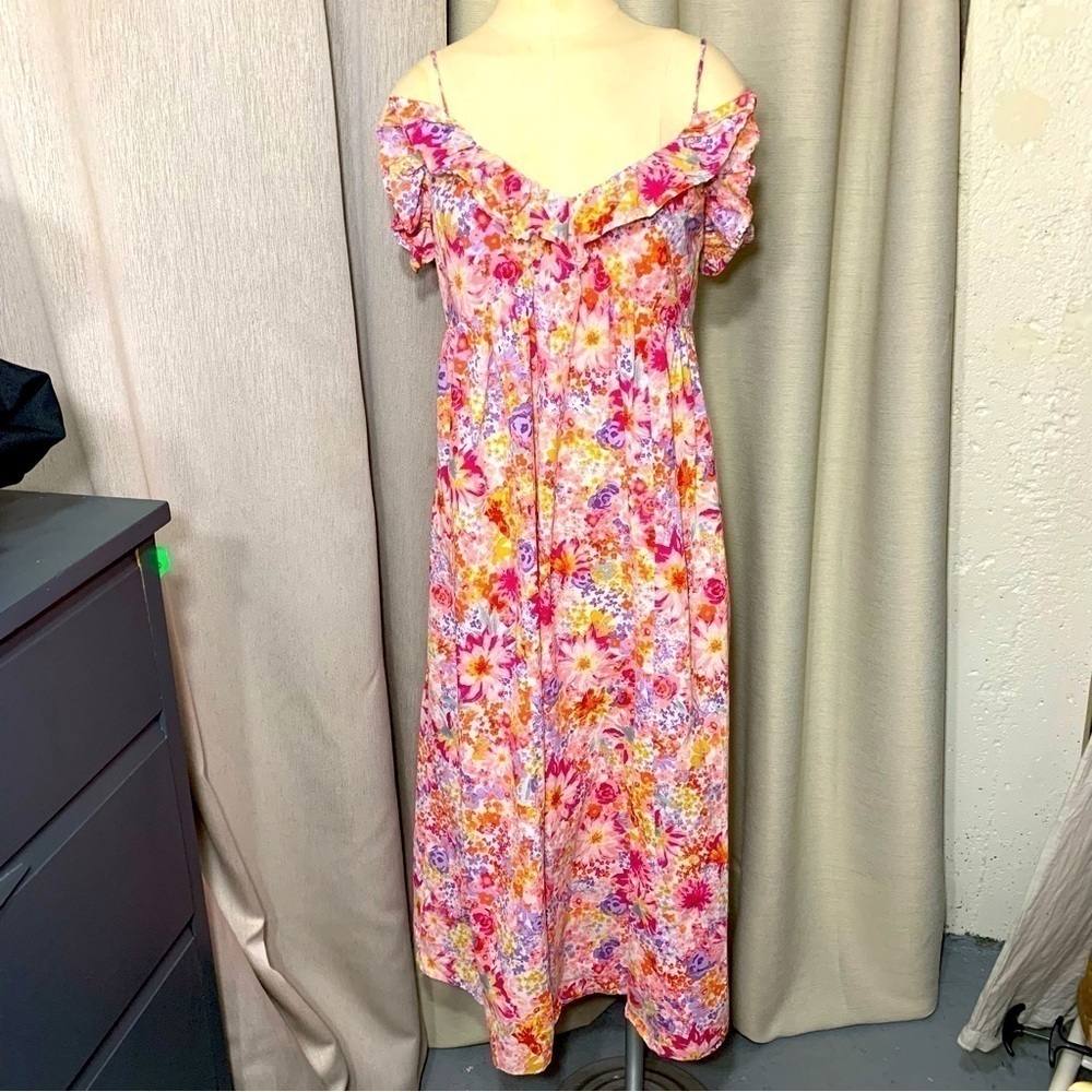 Floral Maxi Dress Pink Sz M Colorful Cotton Ruffle Neckline Boho Prairie - Picture 13 of 13